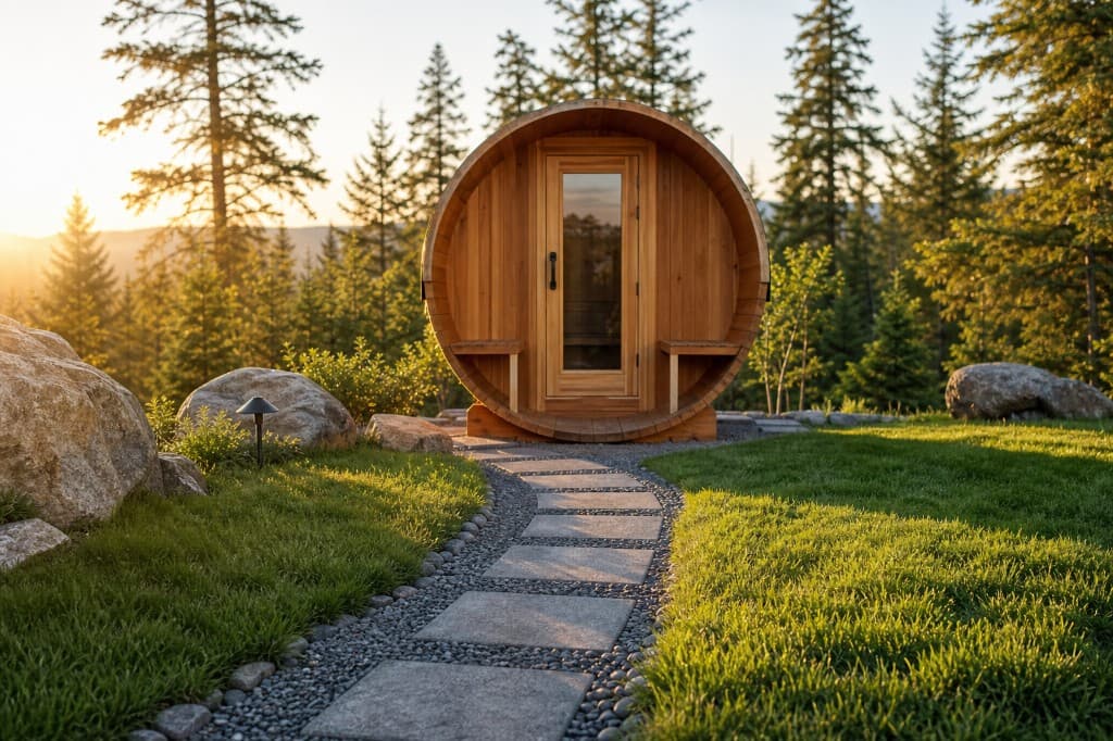 Wooden barrel sauna at sunset, stone path through grass toward the glass door, evergreen forest behind